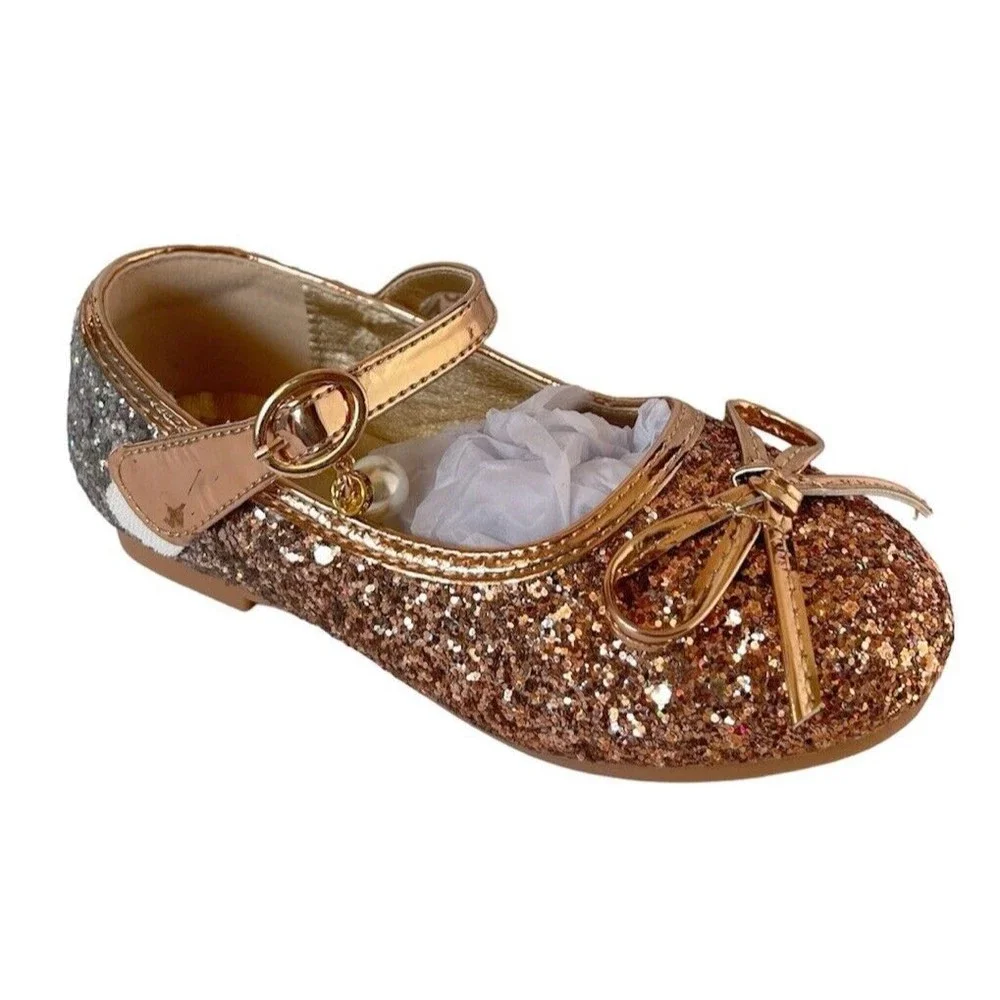 Girls Kids Flat Dress Shoes Size 9 Golden Shiny Princess Wedding Party Beaded